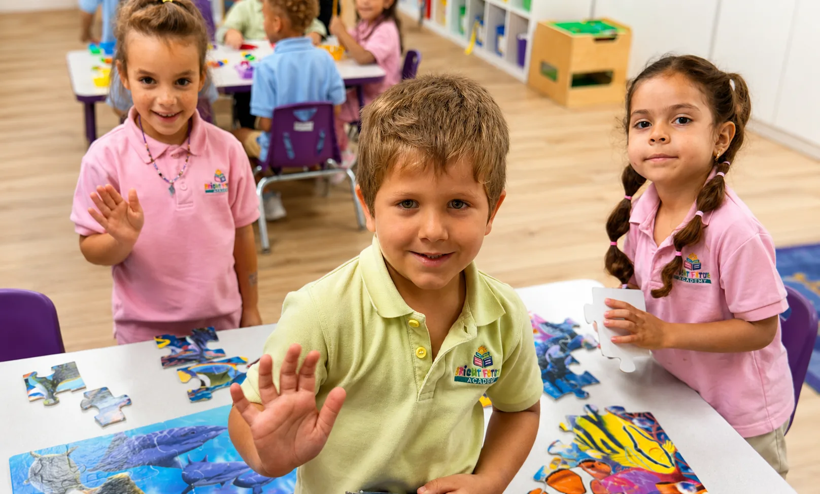 Teacher guiding children in a structured classroom setting